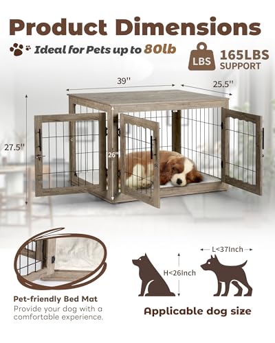 Greige Wooden Dog Crate with Bed Mat E104453