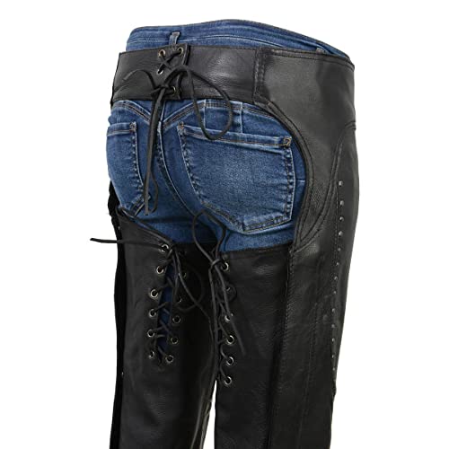 Black Low-Rise Waist Front Double Buckle Rivet Detailing Motorcycle Chaps R864