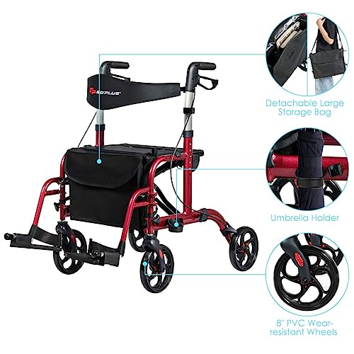 2 in 1 Folding Rollator Walker with Seat, 8-inch Wheel, Aluminium Frame L727