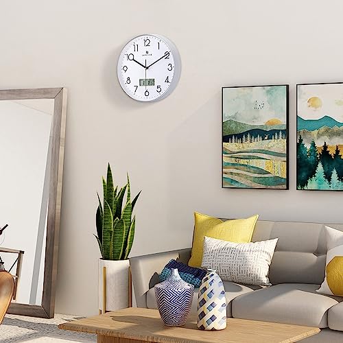 Black Wall Clock with Date Month Day of Week and Temperature Silent Non-Ticking Battery Operated Clock I9804