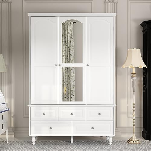 White 3 Door Wardrobe with Mirror and 5 Drawers A6113