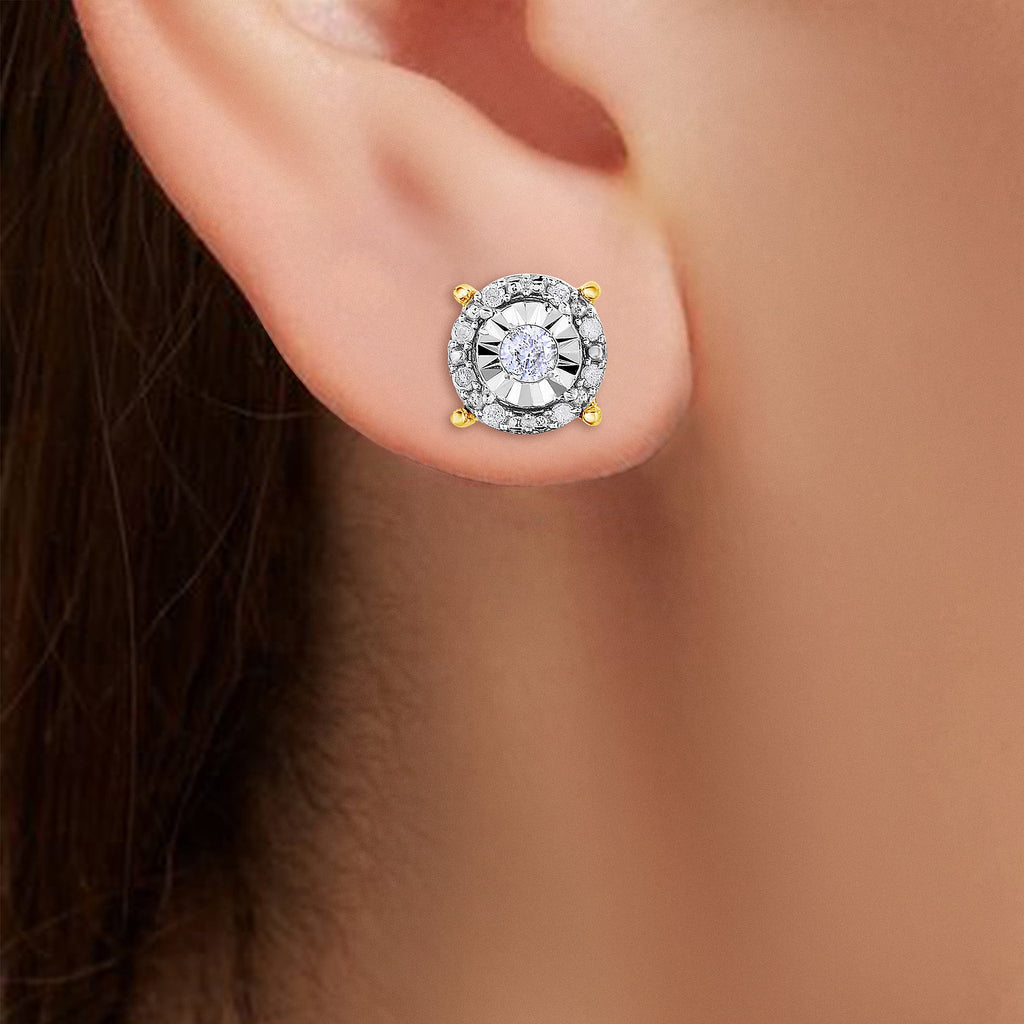 18K Yellow Gold Plated Sterling Silver Round Halo Diamond Stud Earrings T650