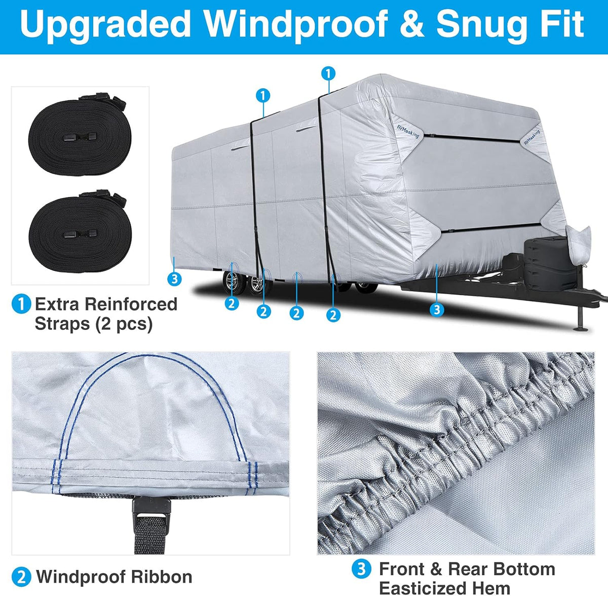 Rip-Stop RV Cover Fits 15'1" - 18' Long Motorhome, Waterproof Camper Cover with Gutter Covers T697969