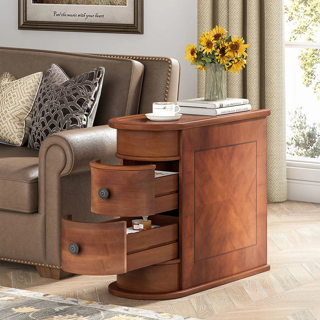 Half Round End Table with 2 Drawers, Sofa Side Desk with Storage, Slim Nightstand, Brown H6476
