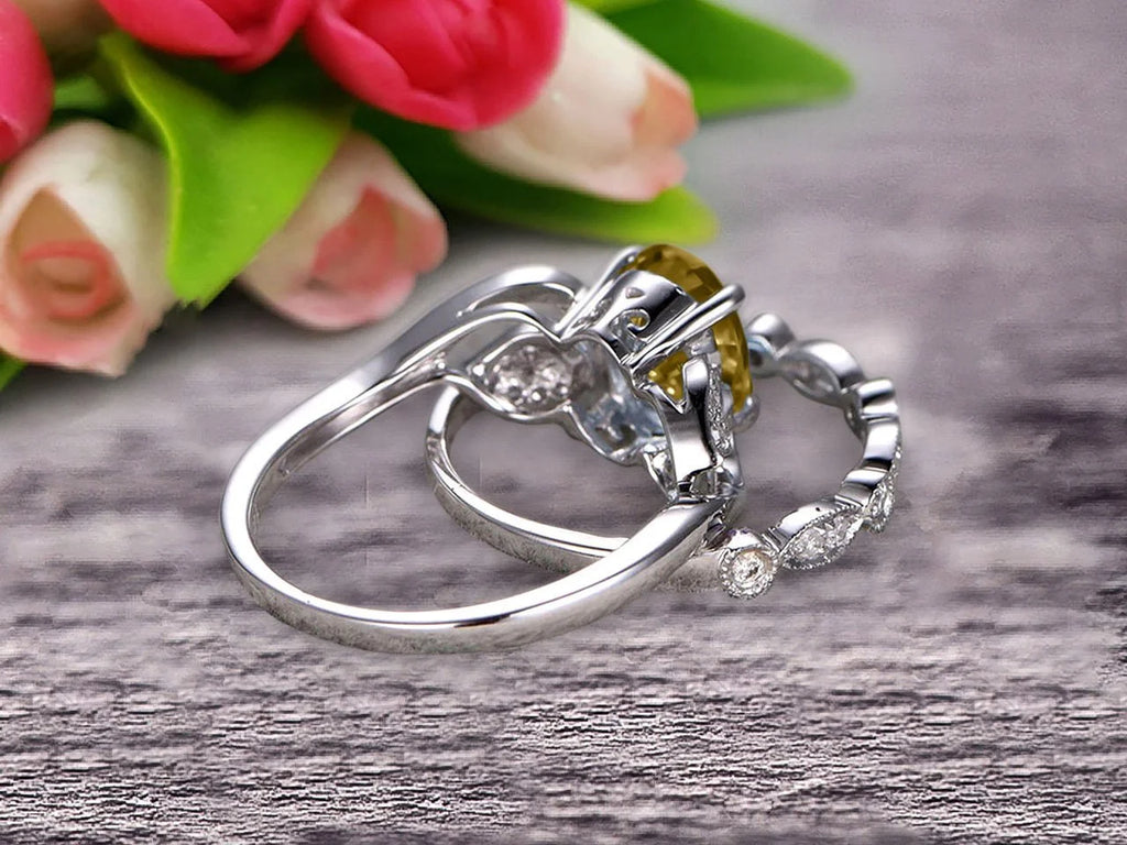 Oval Cut Champagne Diamond Moissanite Bridal Ring Set on 10k White Gold B909539