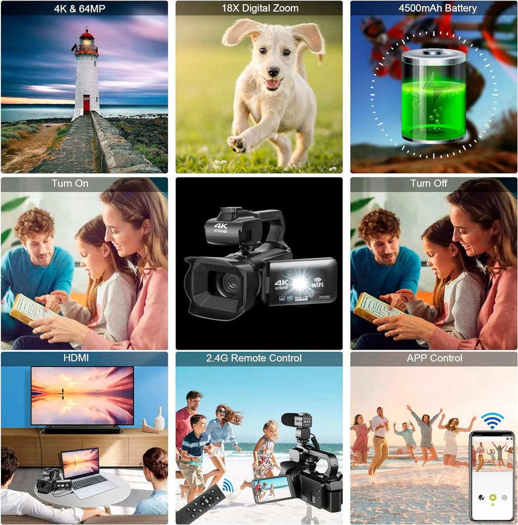 4k Video Camera Camcorder with 18X Digital Zoom, 64MP, 4.0-inch Rotating Touchscreen, 64GB SD Card, Black Q511
