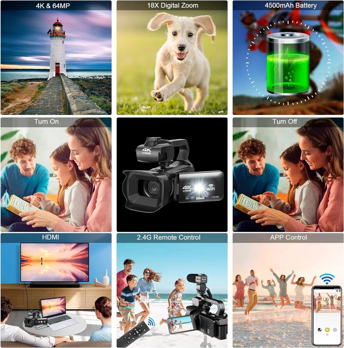 4k Video Camera Camcorder with 18X Digital Zoom, 64MP, 4.0-inch Rotating Touchscreen, 64GB SD Card, Black Q511