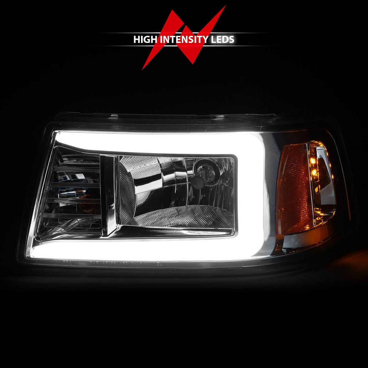 Chrome Housing Crystal Headlights with Light Bar B571