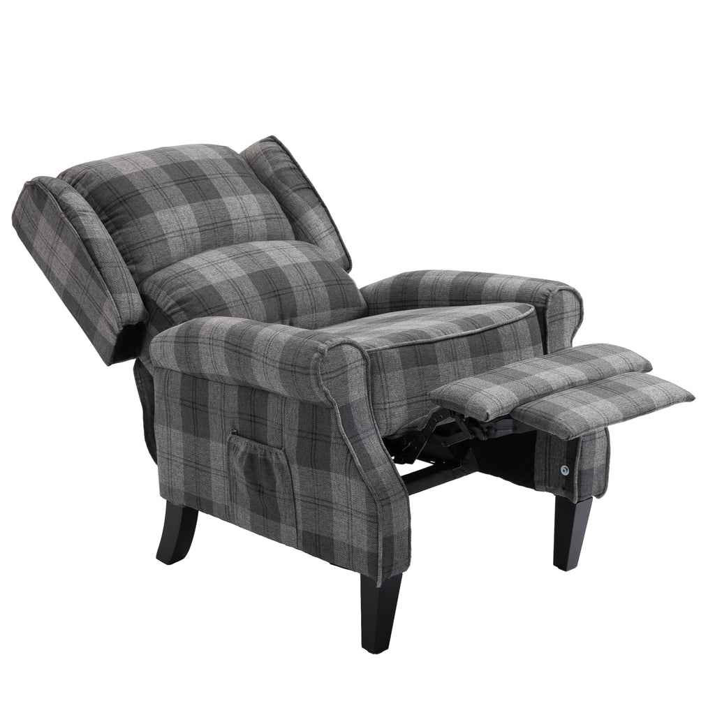 Gray Check Upholstered Recliner Chair with Adjustable Footrest and Side Pocket M47147