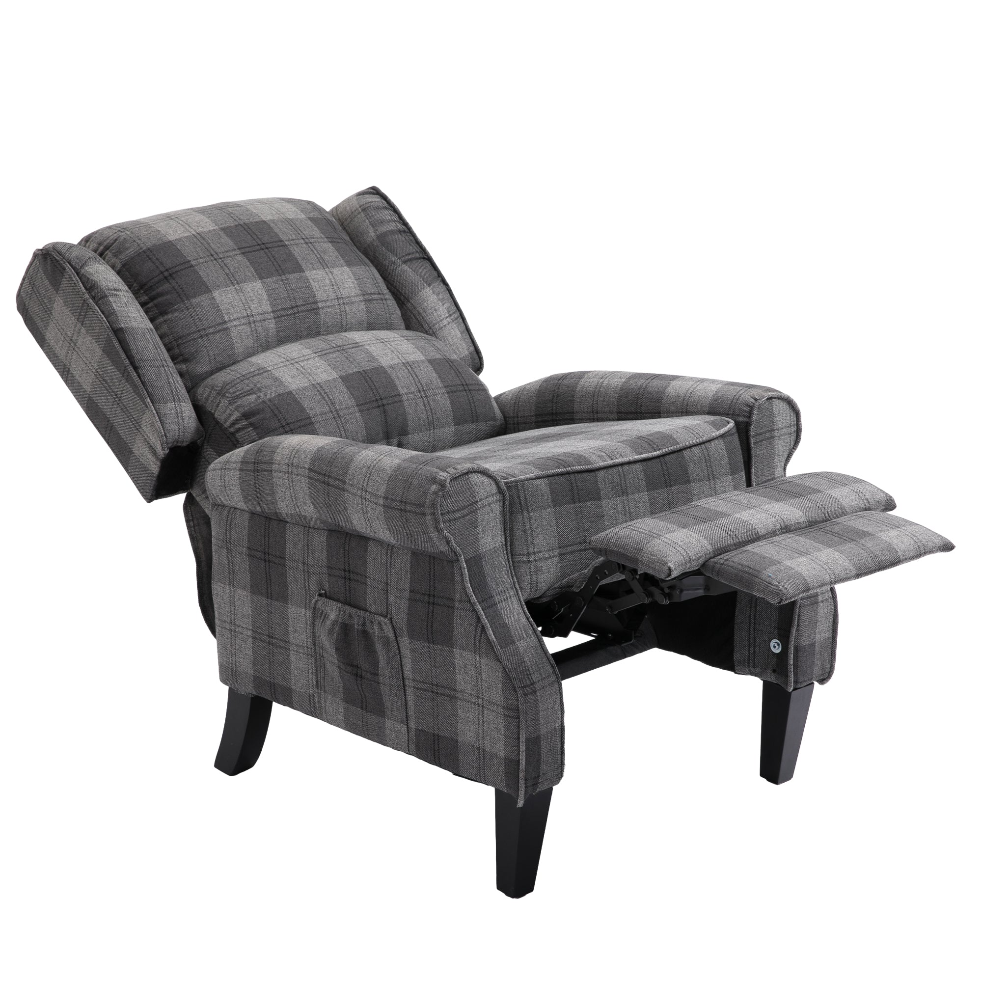 Gray Check Upholstered Recliner Chair with Adjustable Footrest and Side Pocket M47147