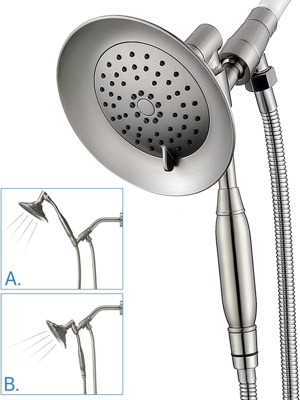 Double Height Positioning Shower Head, Handheld Spray, Metal Bracket Holder, Stainless Steel Flexible Hose (Brushed Nickel) Pack of 2 M96501
