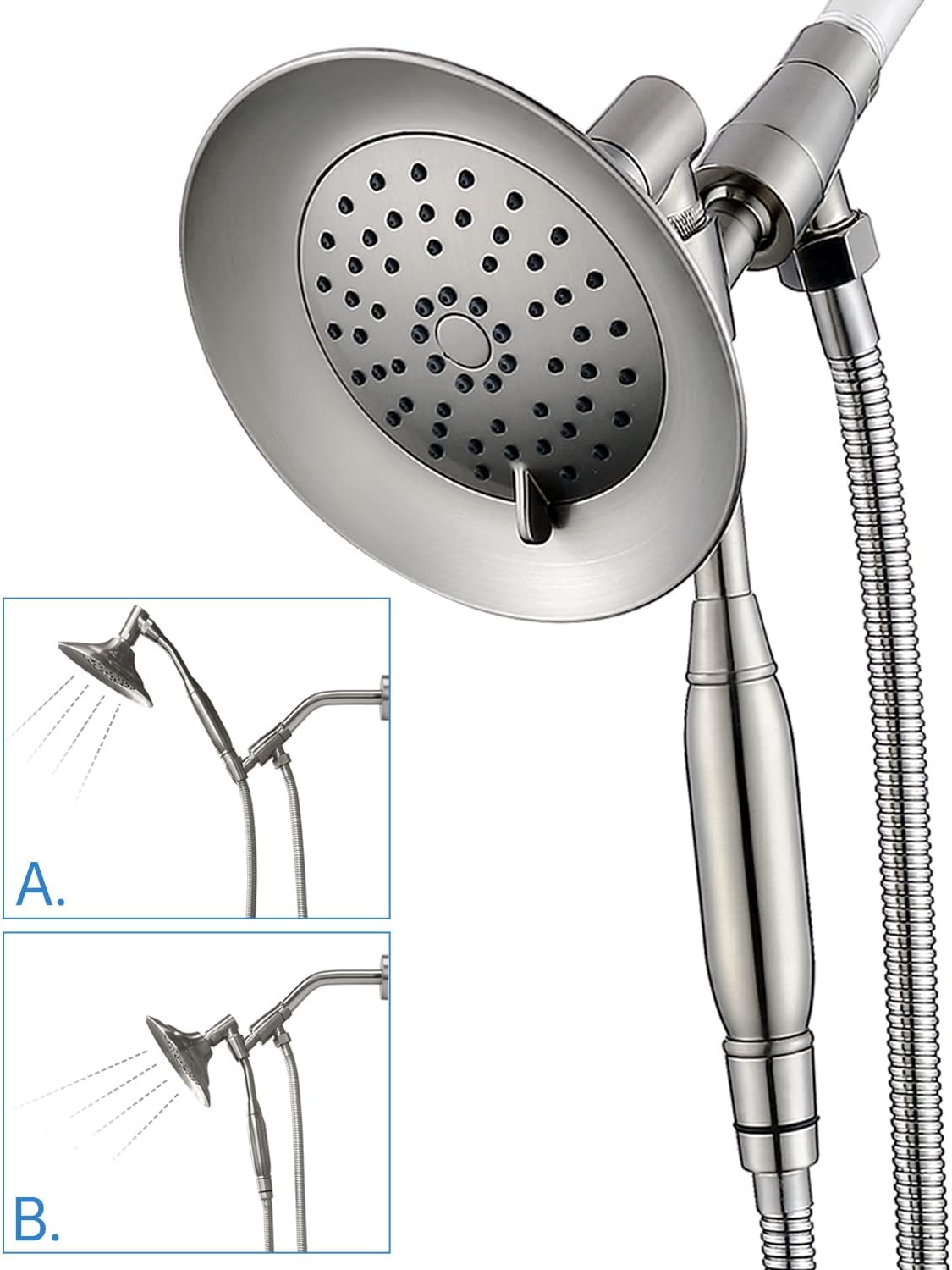 Double Height Positioning Shower Head, Handheld Spray, Metal Bracket Holder, Stainless Steel Flexible Hose (Brushed Nickel) Pack of 2 M96501