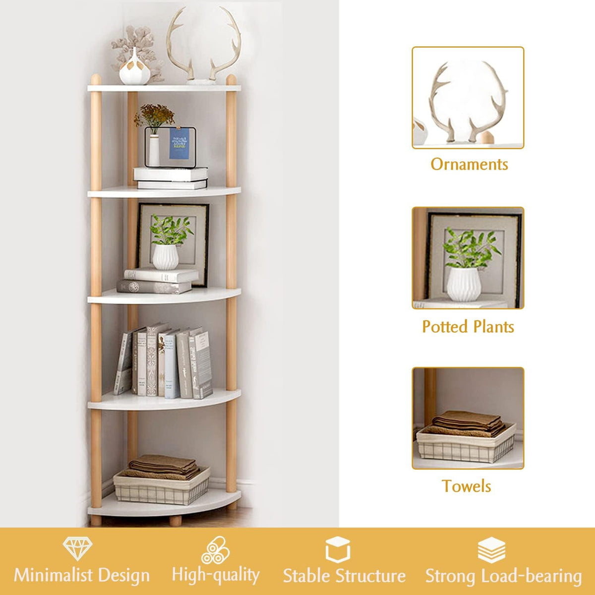 White 5-Tier Wooden Corner Bookshelf A8901