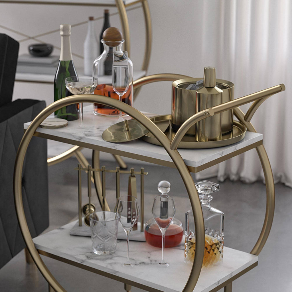 White Marble Round Bar Cart U241766