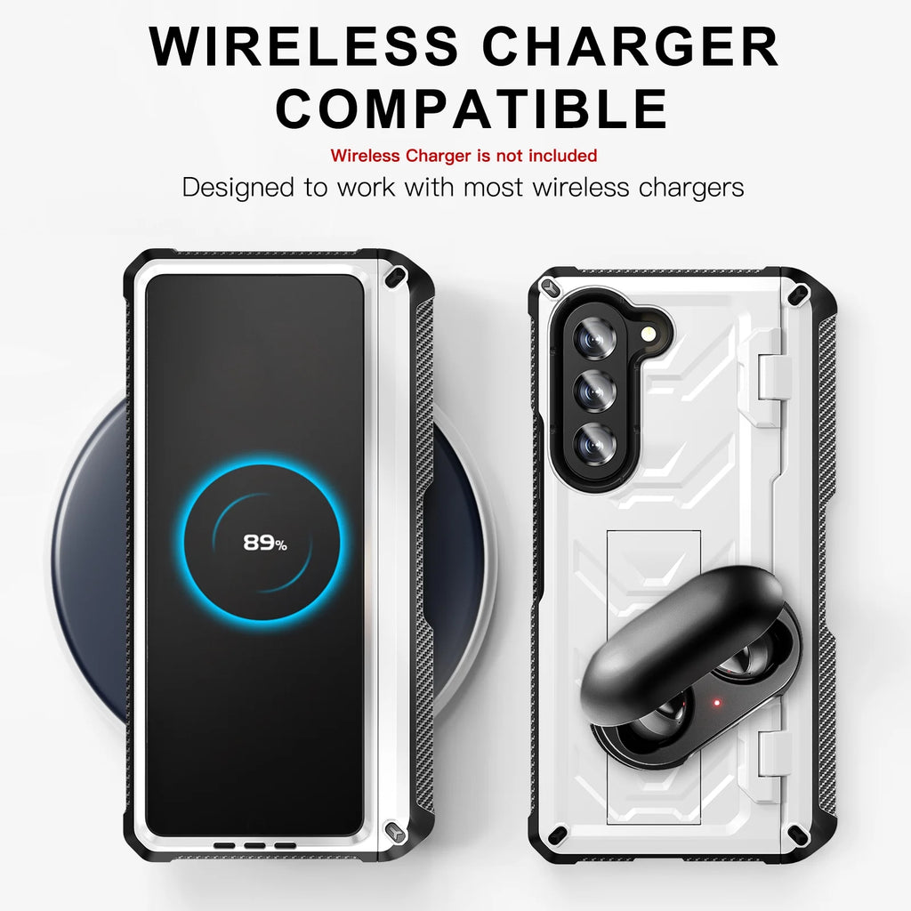 White Rugged Full Body Case with Built-in Glass Screen Protector Hinge Protection Hidden Kickstand Pen Slot Shockproof Armor Case P152015