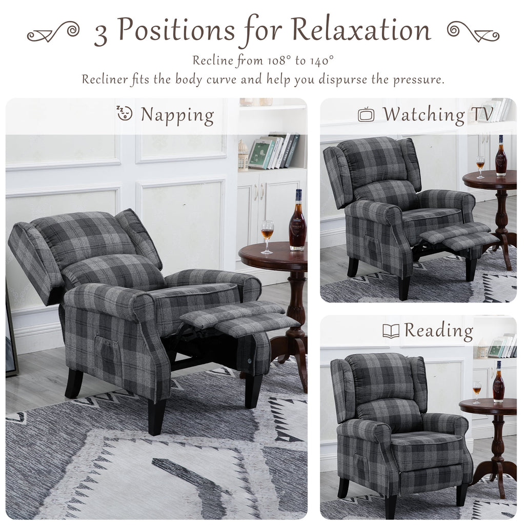 Gray Check Upholstered Recliner Chair with Adjustable Footrest and Side Pocket M47147
