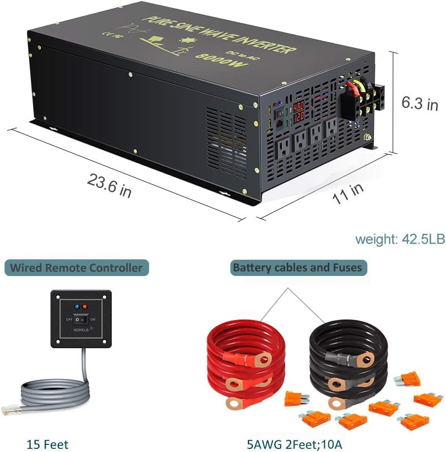8000W Pure Sine Wave Power Inverter DC 48V to AC 120V with 4 AC Outlets Remote Control LED Display D1171