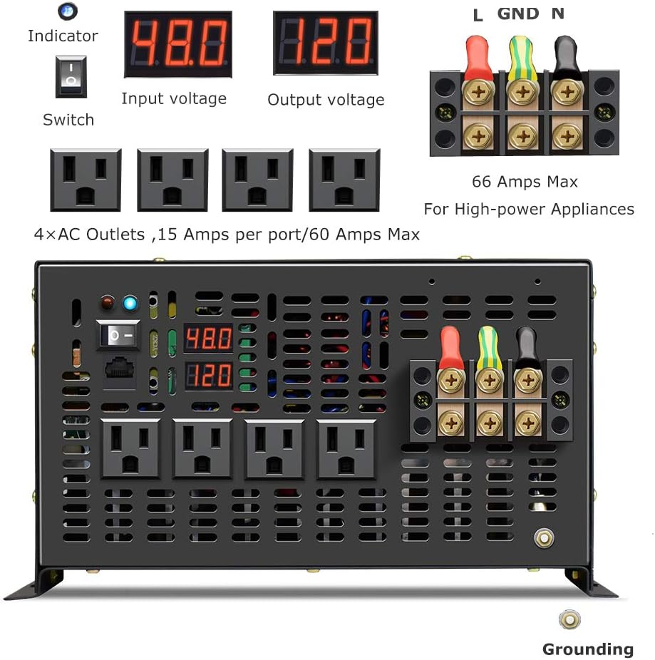 8000W Pure Sine Wave Power Inverter DC 48V to AC 120V with 4 AC Outlets Remote Control LED Display D1171