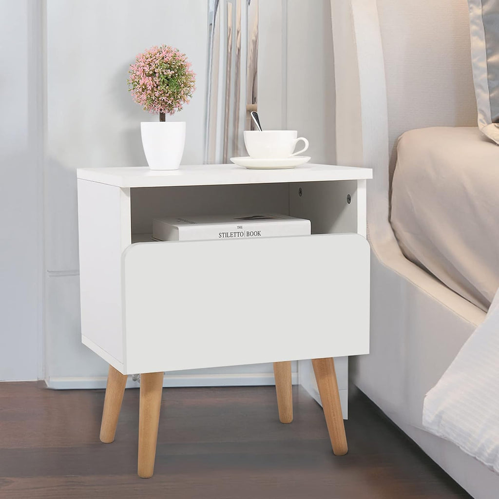 White Solid Wood Nightstand with Drawer and Storage Shelf Y91980