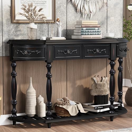 Retro Wood Curved Console Table 52-Inch with Drawers X511050