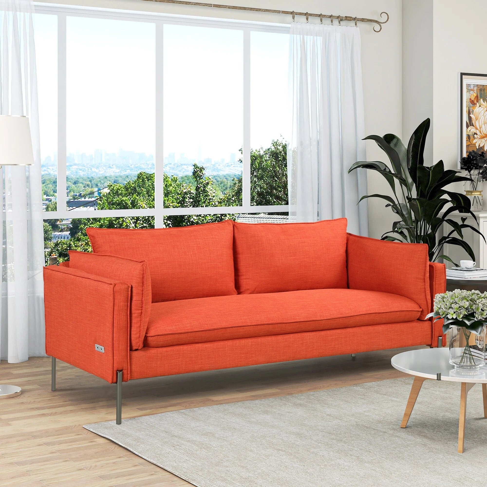 3 Seat Linen Fabric Upholstered Sofa with 2 USB Ports Gray O93269
