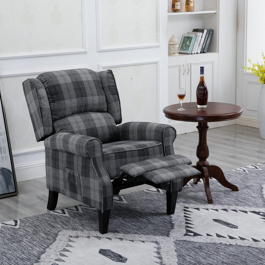 Gray Check Upholstered Recliner Chair with Adjustable Footrest and Side Pocket M47147