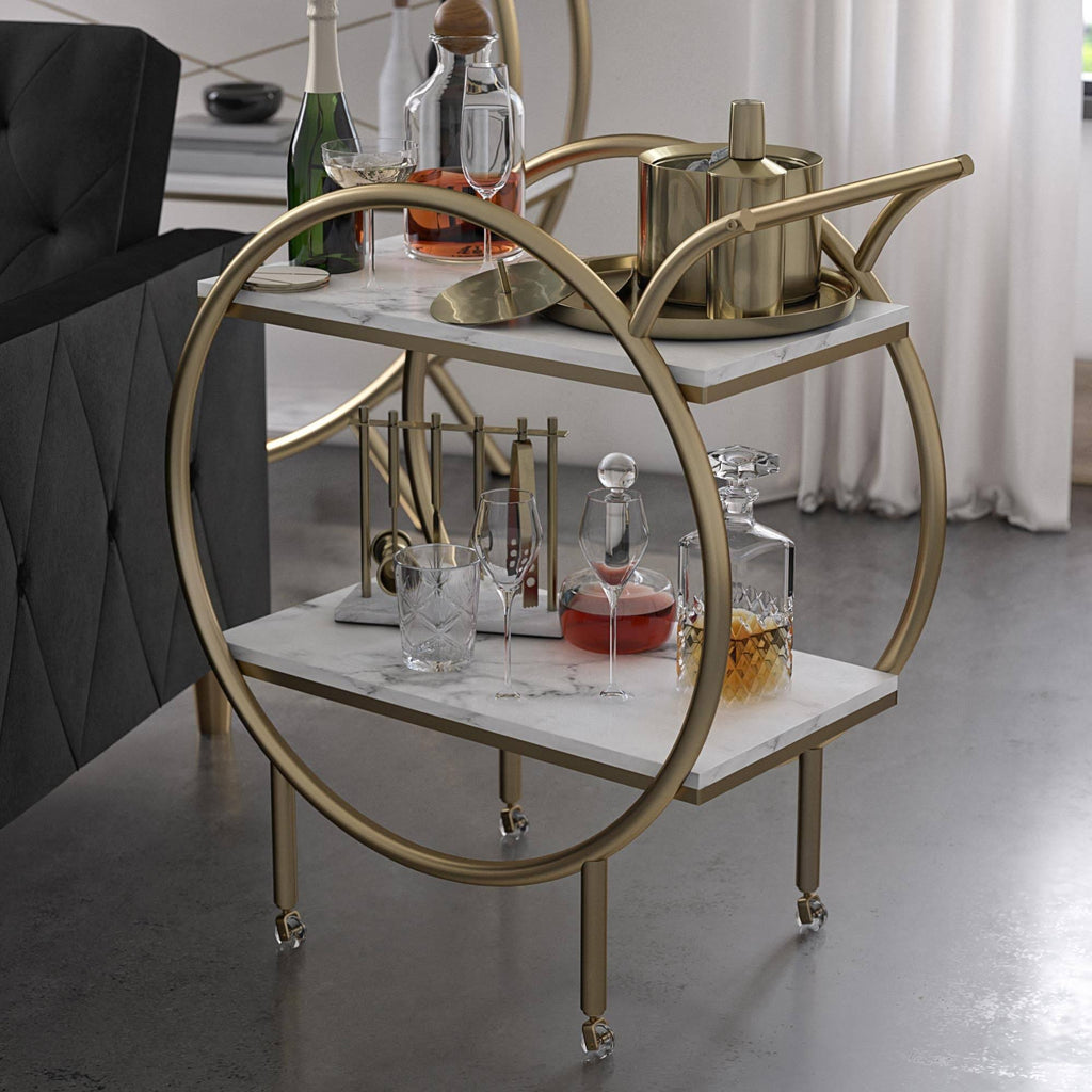 White Marble Round Bar Cart U241766