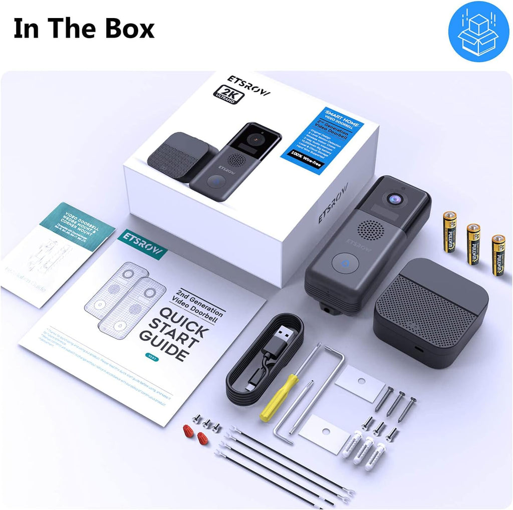 Wireless Video Doorbell Camera with Chime, 2K Resolution, 10000mAh Rechargeable Battery, IP65 Weatherproof T81779