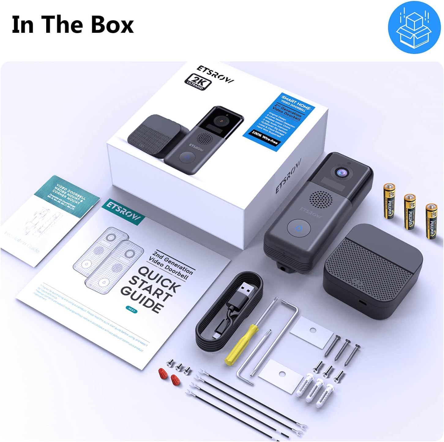 Wireless Video Doorbell Camera with Chime, 2K Resolution, 10000mAh Rechargeable Battery, IP65 Weatherproof T81779