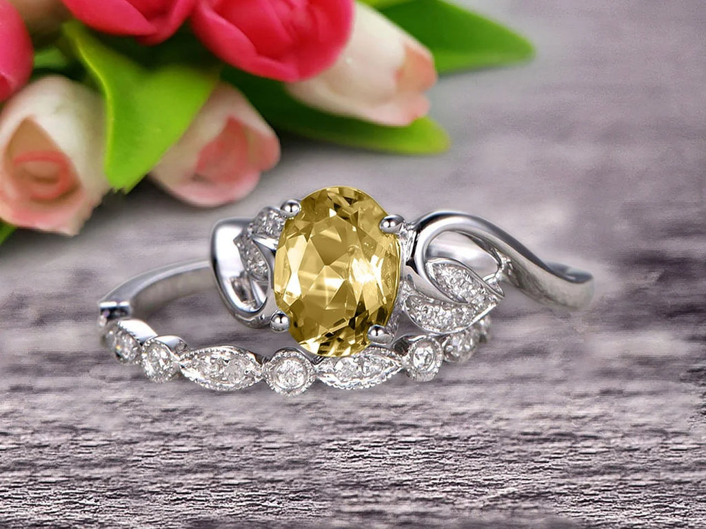 Oval Cut Champagne Diamond Moissanite Bridal Ring Set on 10k White Gold B909539