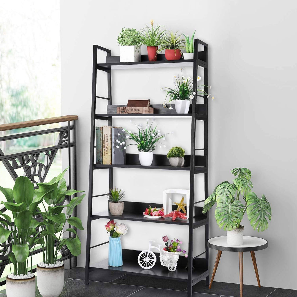 Black 5 Tier Metal Frame Wood Shelves Bookcase T120