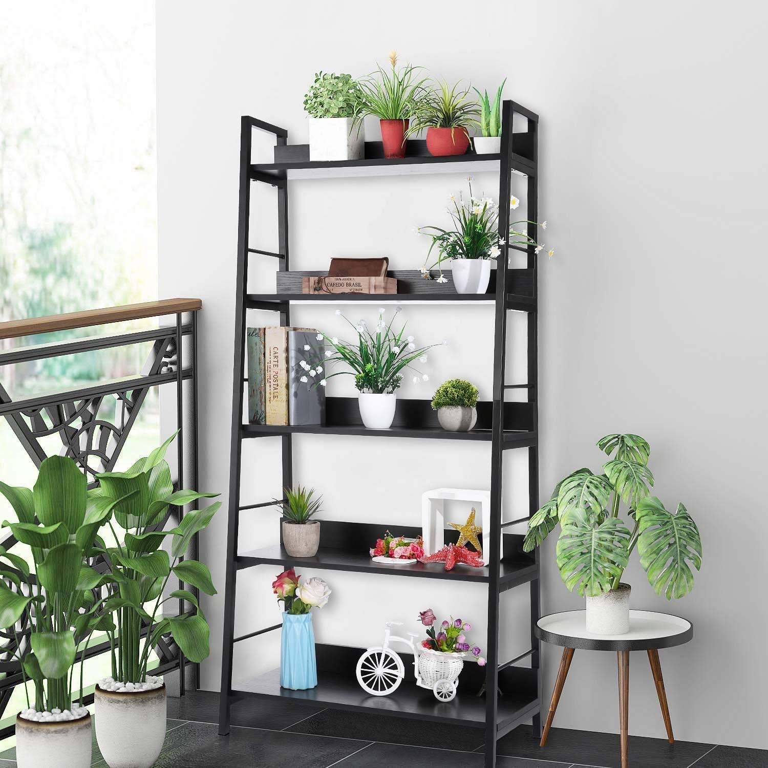 Black 5 Tier Metal Frame Wood Shelves Bookcase T120