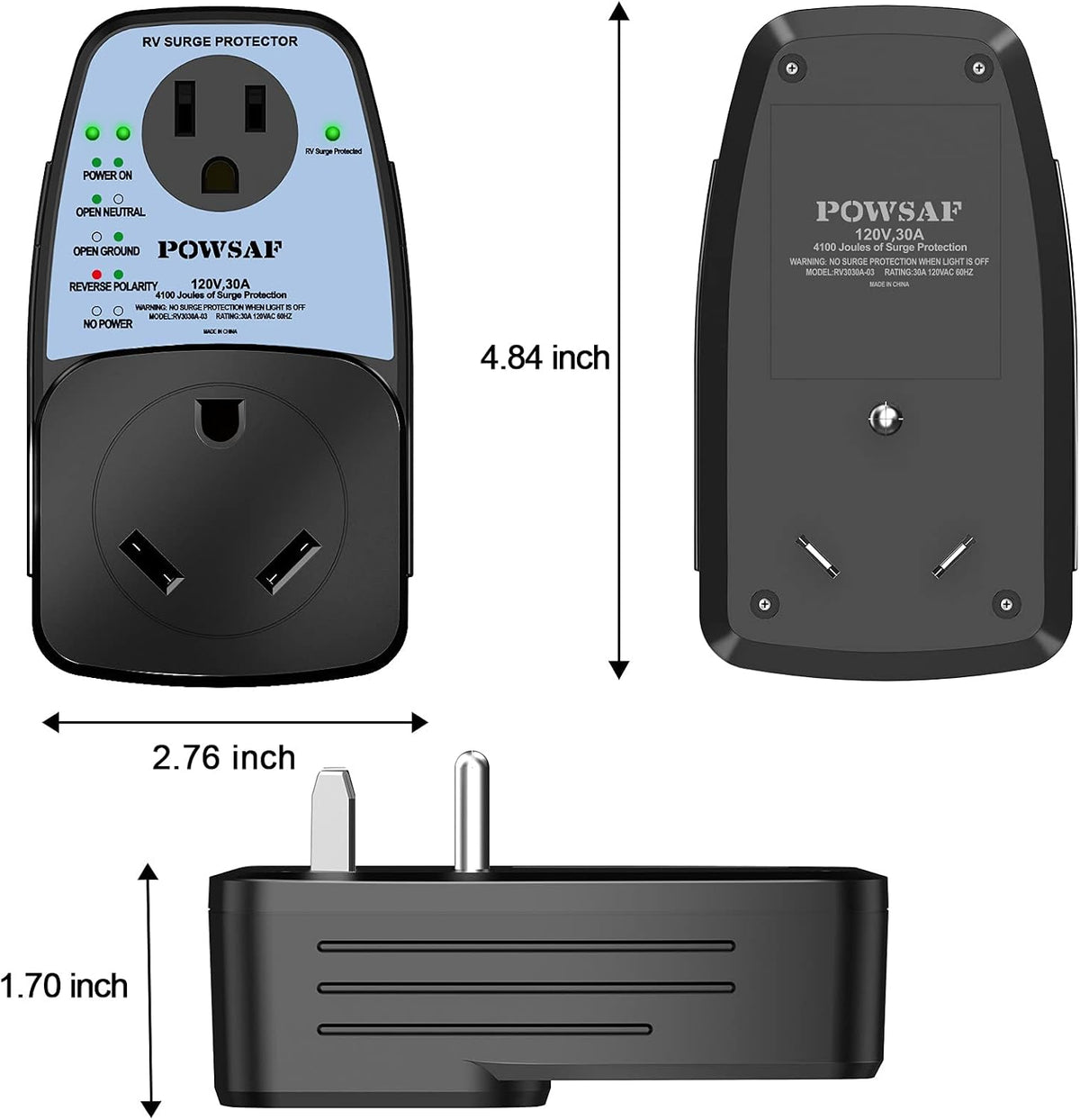 RV Surge Protector, 30 Amp Male to 30 Amp Female and 15 Amp Female I36100