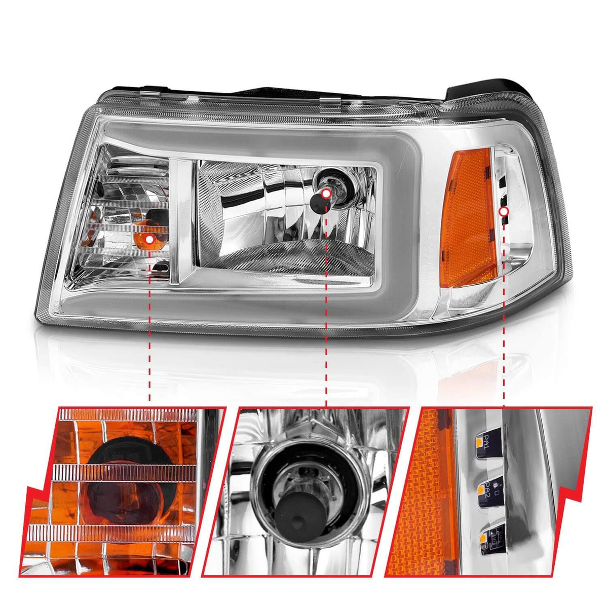 Chrome Housing Crystal Headlights with Light Bar B571