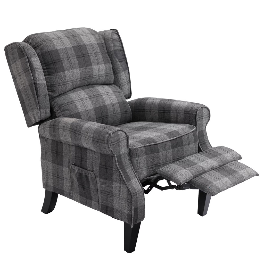 Gray Check Upholstered Recliner Chair with Adjustable Footrest and Side Pocket M47147