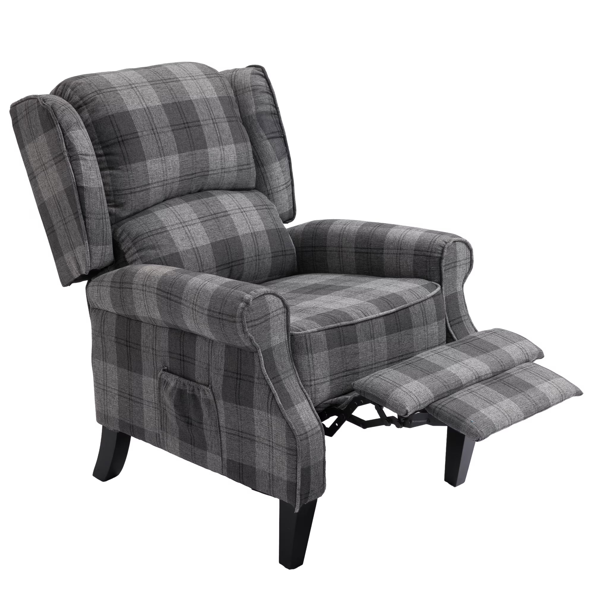 Gray Check Upholstered Recliner Chair with Adjustable Footrest and Side Pocket M47147