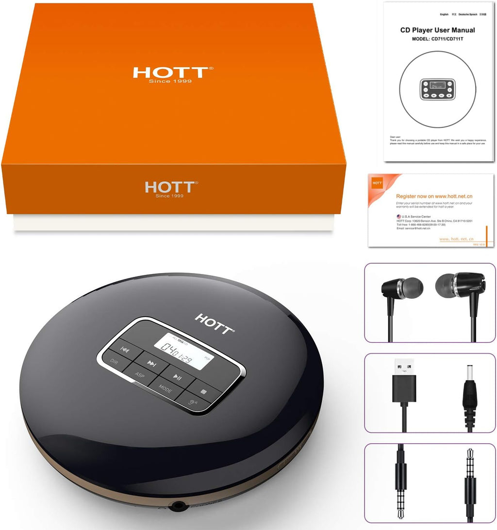Portable CD Player with LCD Display Anti-Skip Headphones USB Cable Black Pack of 2 X771