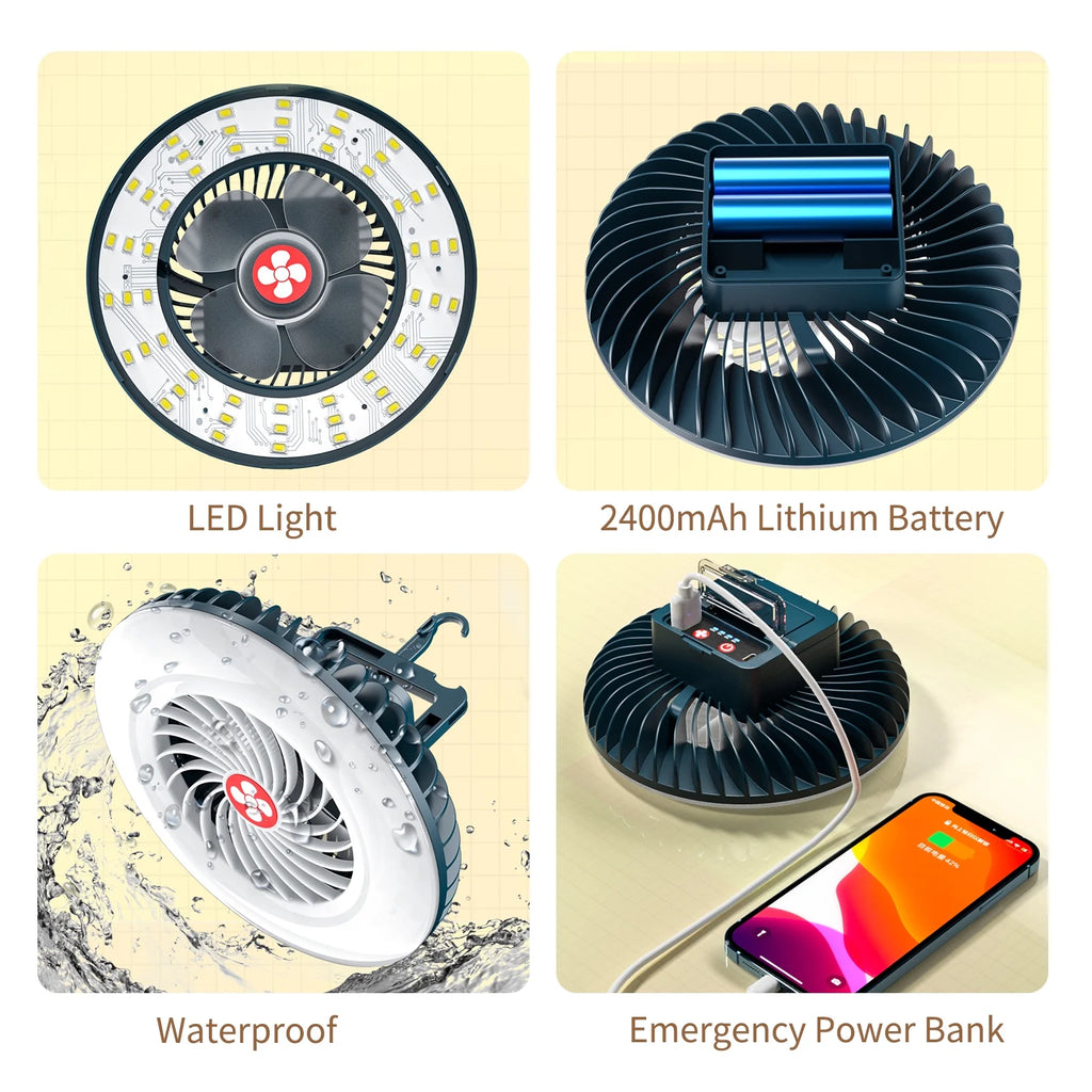 LED Hanging Fan 2 in 1 Camping Tent Fan with Hanging Hook Back Magnet D801