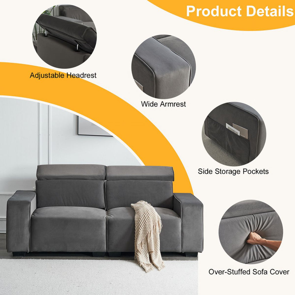 Dark Gray Velvet Two-Seater Sofa with Side Pockets P153351