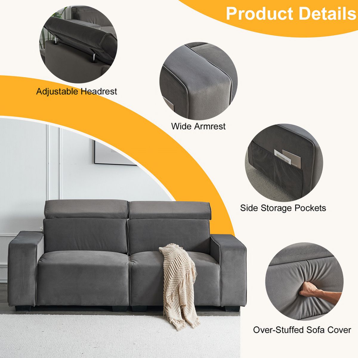 Dark Gray Velvet Two-Seater Sofa with Side Pockets P153351