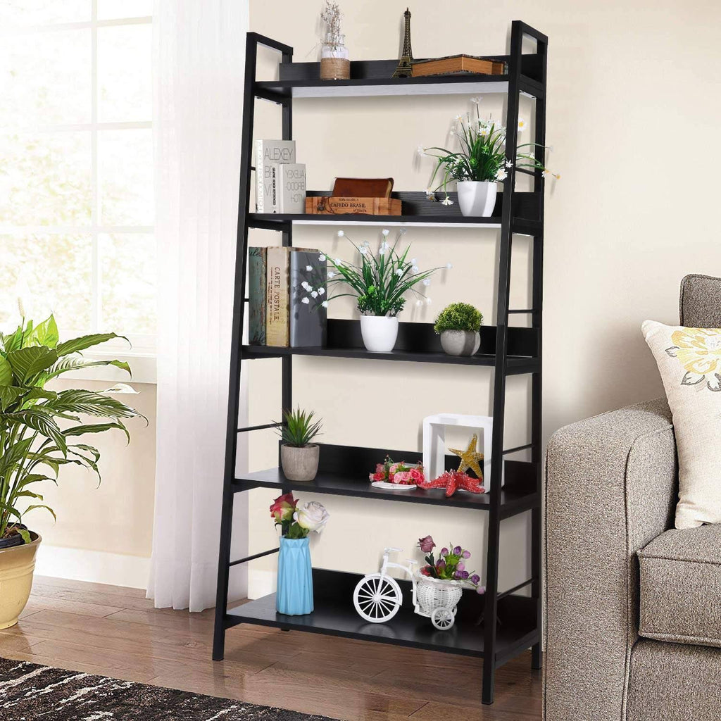 Black 5 Tier Metal Frame Wood Shelves Bookcase T120