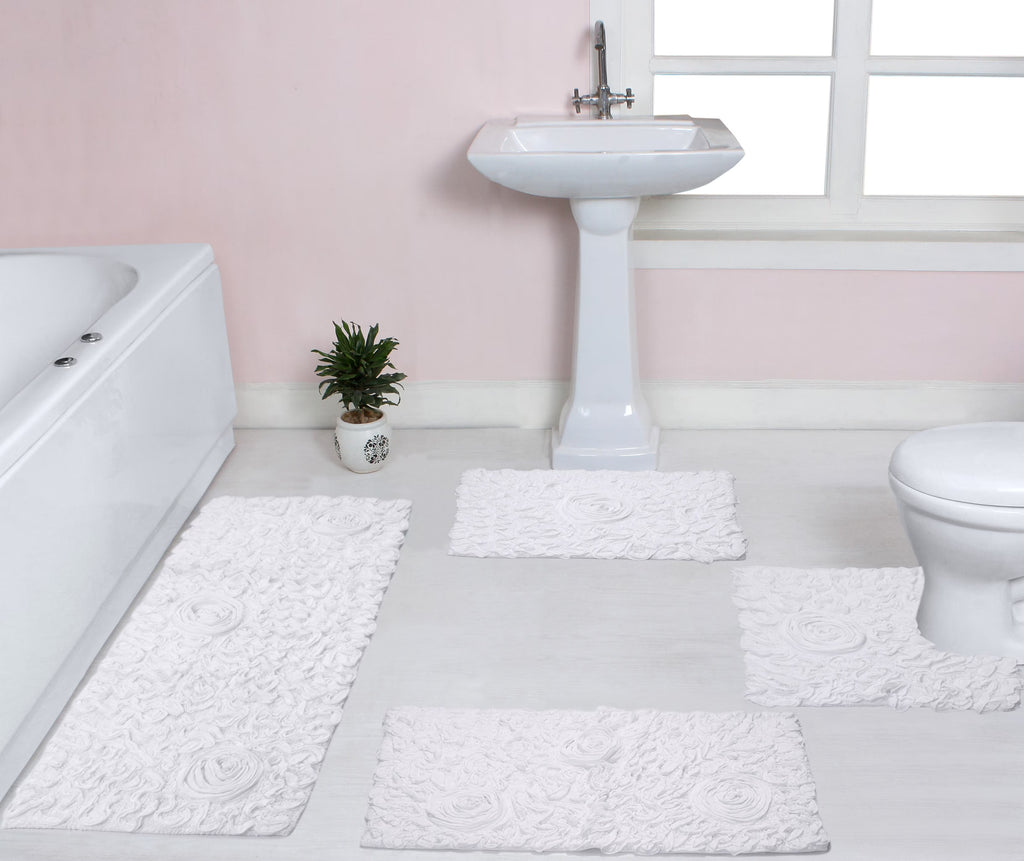 White 4 Piece Cotton Bath Rug Set T6350
