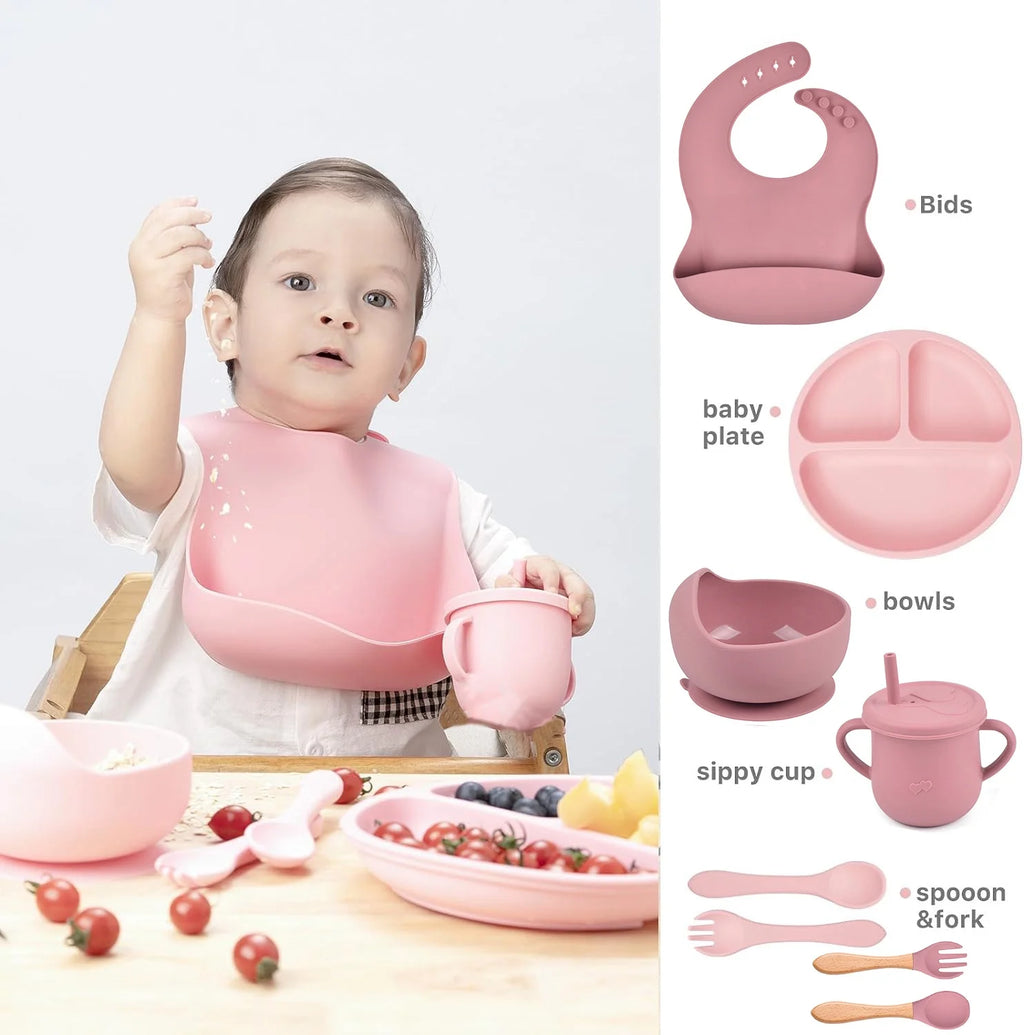 9 Pack Silicone Baby Feeding Set with Sippy Cup and Utensils M1510