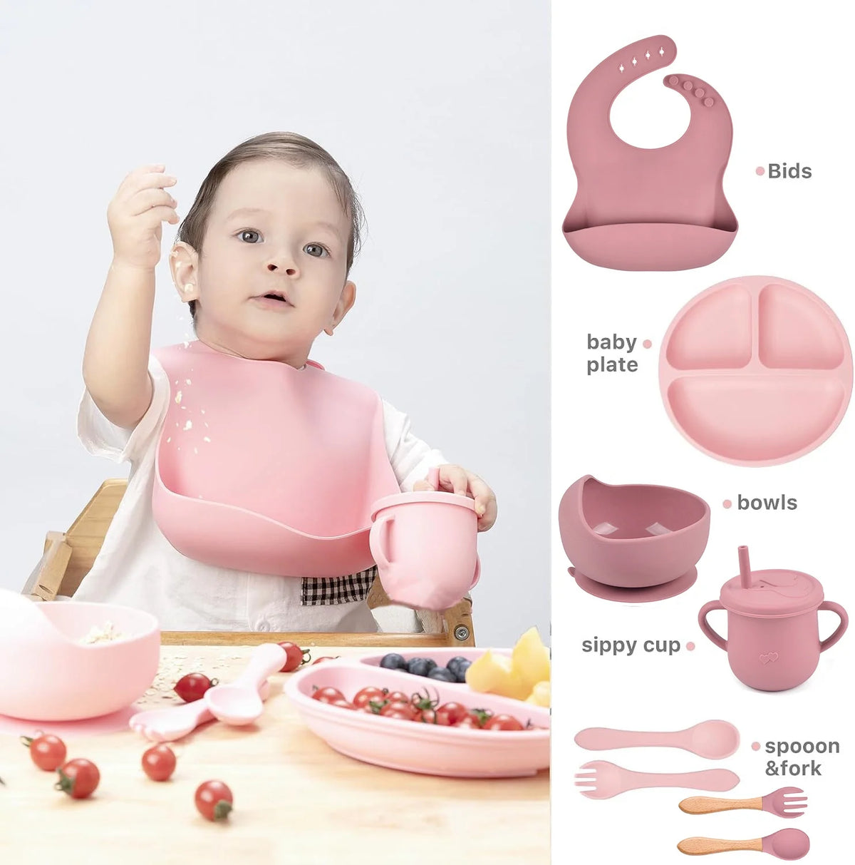 9 Pack Silicone Baby Feeding Set with Sippy Cup and Utensils M1510