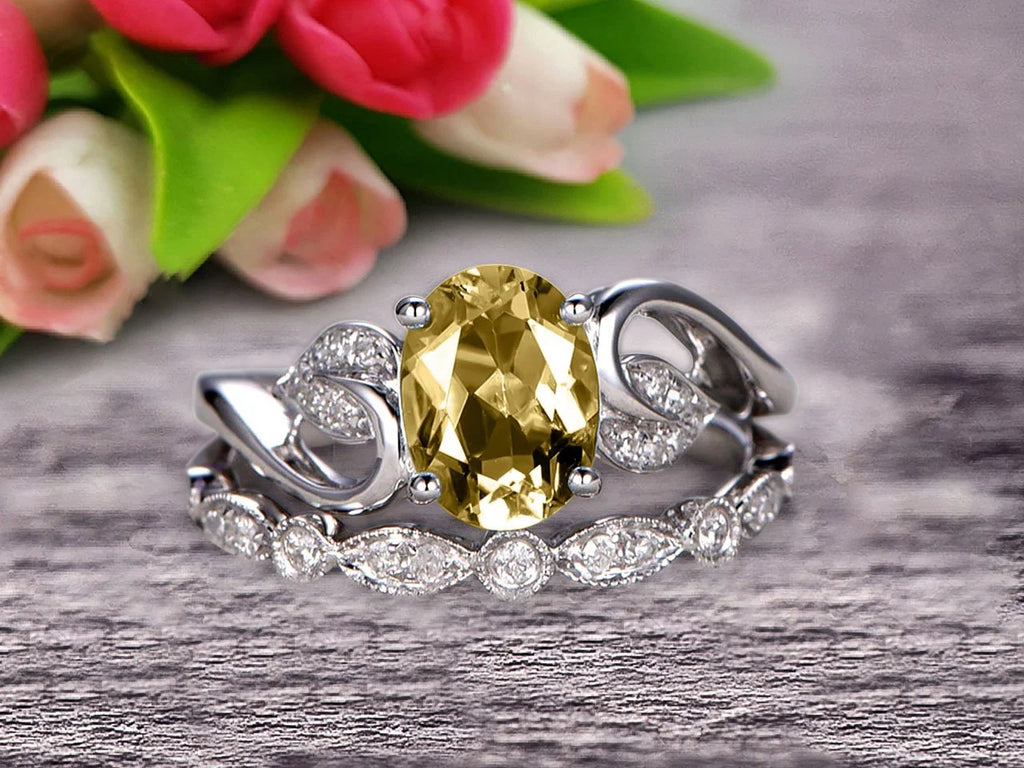 Oval Cut Champagne Diamond Moissanite Bridal Ring Set on 10k White Gold B909539
