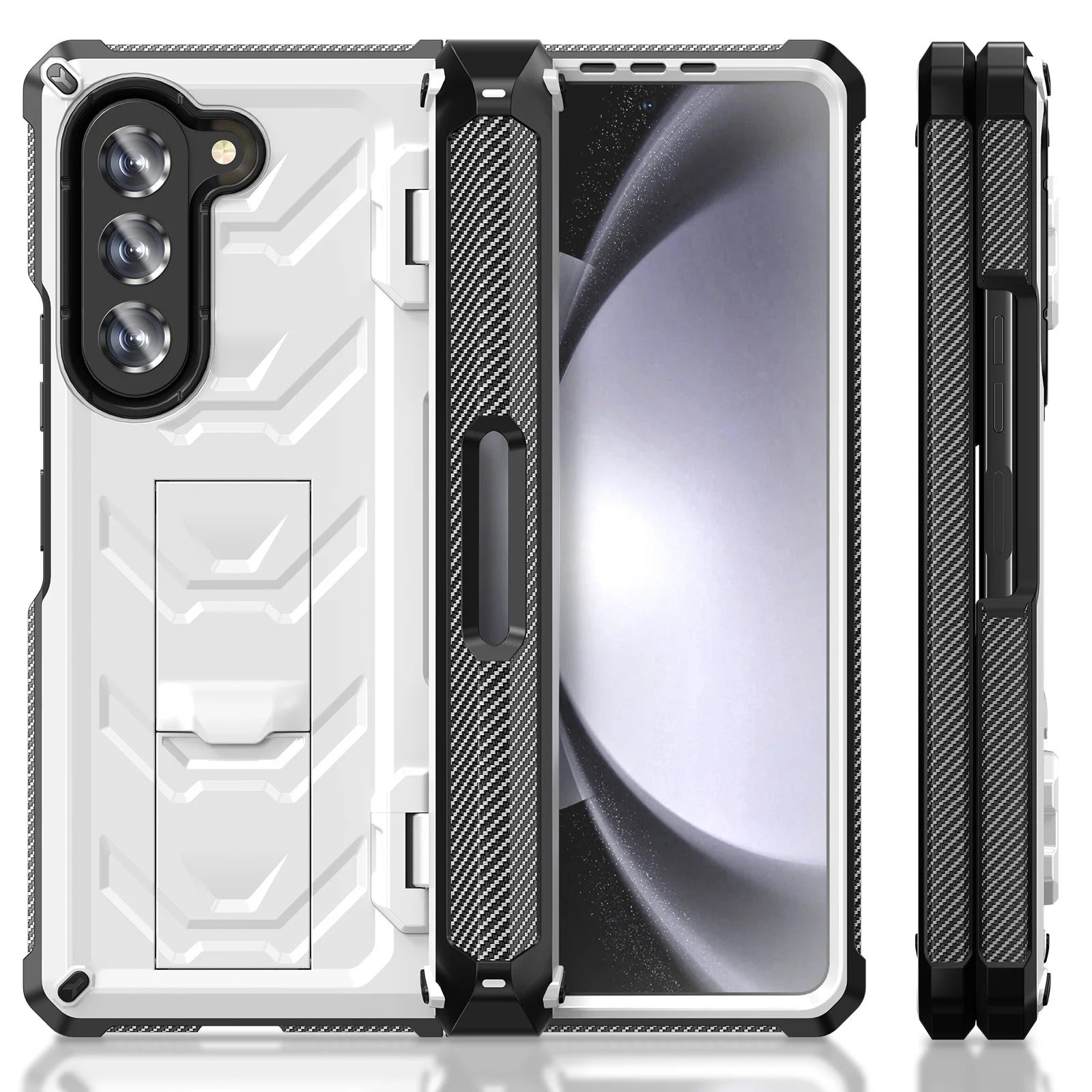 White Rugged Full Body Case with Built-in Glass Screen Protector Hinge Protection Hidden Kickstand Pen Slot Shockproof Armor Case P152015