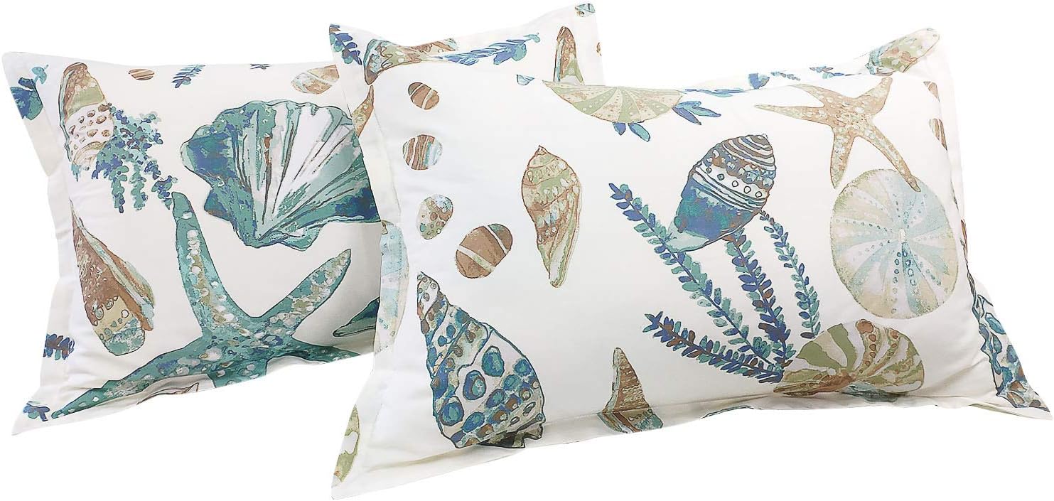 White Teal Seashells Starfish 100% Cotton Queen Size Duvet Cover Set 3 Pieces Z65920