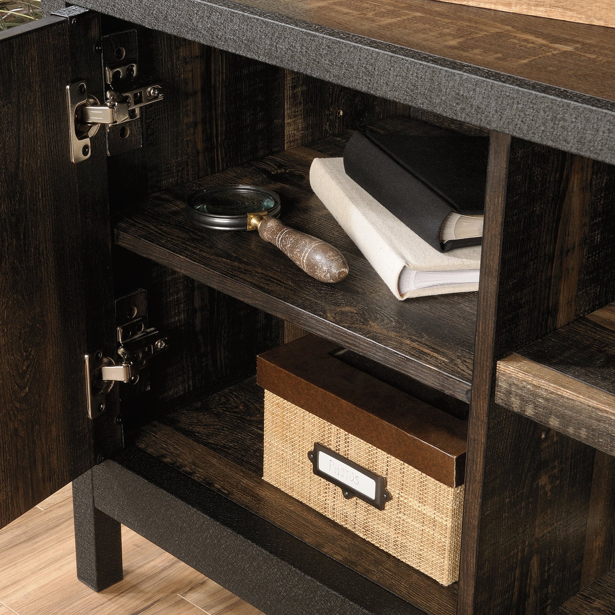 Rustic Metal & Wood TV Stand with Doors, Carbon Oak Finish C6064