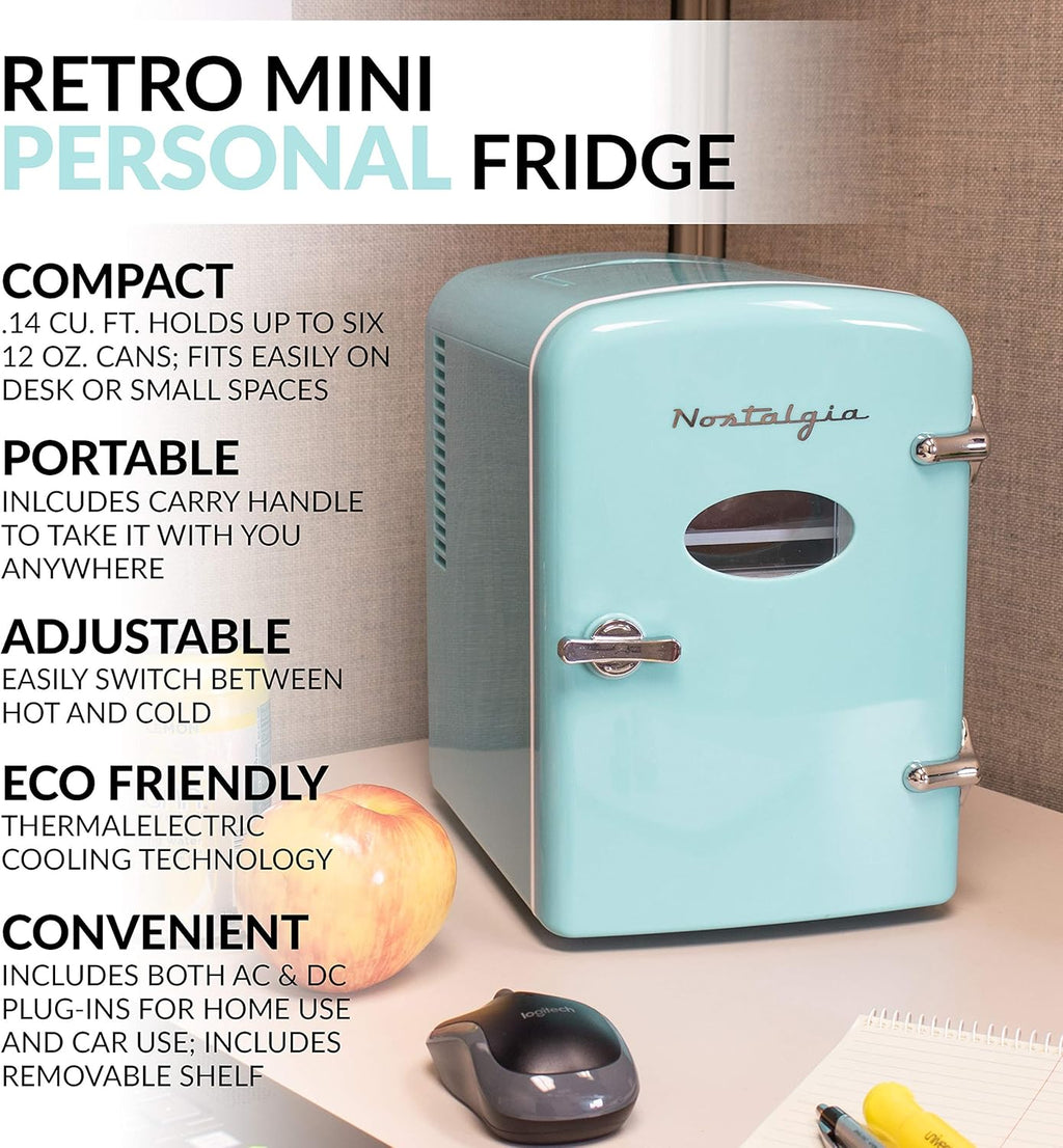 Retro 6-Can Mini Refrigerator with Carry Handle, Aqua O846