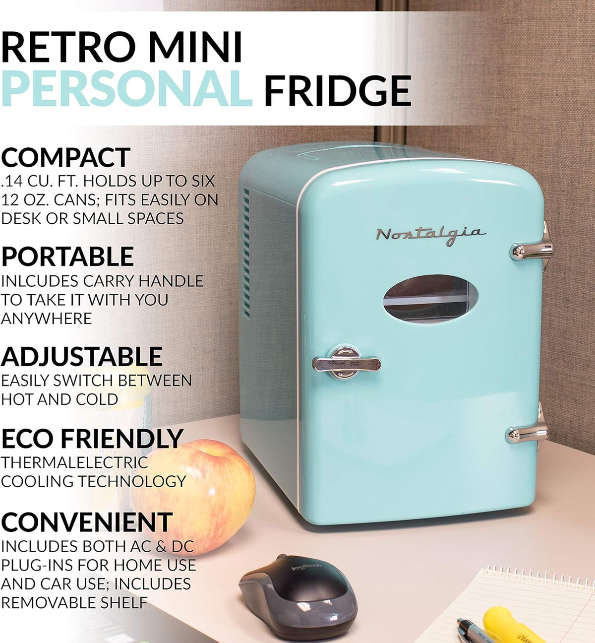 Retro 6-Can Mini Refrigerator with Carry Handle, Aqua O846